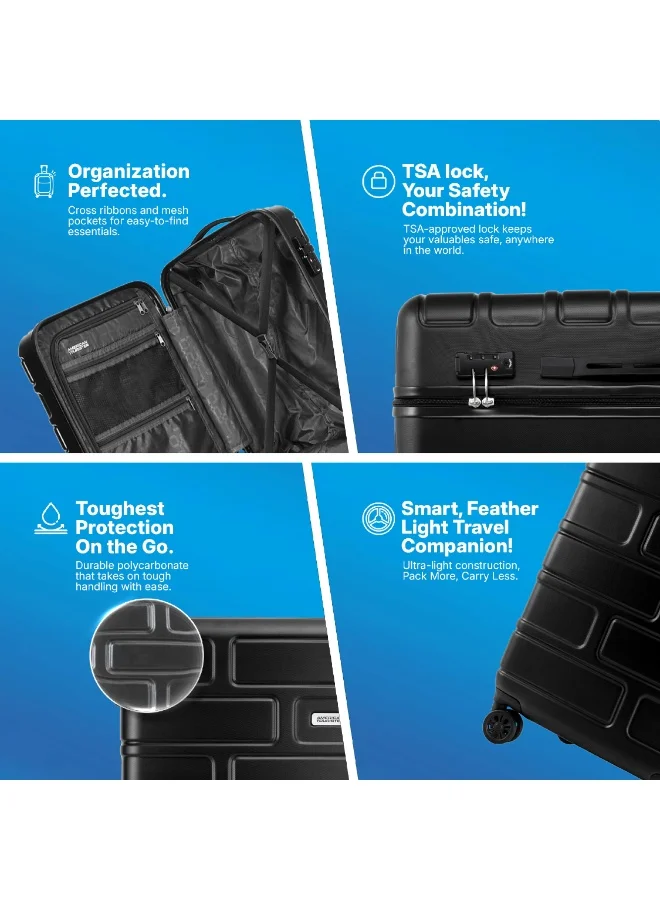 AMERICAN TOURISTER Bricklane Suitcase, 4 Spinner Wheels, Hard Top, Polycarbonate, Jet Black|Lightweight|Scratch & Impact Resistance|TSA Lock|Inner Mesh Zippered Pocket - 3 Years International Warranty